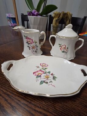Vintage Floral Porcelain Creamer, Sugar Bowl & Tray Set - White with Pink Floral